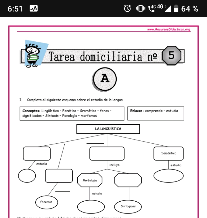 6:51 64 %
www.RecursosDidacticos.org 
Tarea domiciliaria n^(_ o) 5 
A 
I, Completa el siguiente esquema sobre el estudio de la lengua. 
Conceptos: Lingüística - Fonética - Gramática - fonos - Enlaces: comprende - estudia 
significados - Sintaxis - Fonología - morfemas