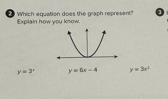 Which equation does the graph represent? 3
Explain how you know.
y=3^x
y=6x-4
y=3x^2