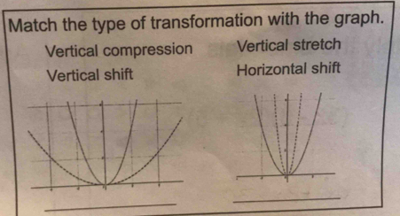 Match the type of transformation with the graph.
Vertical compression Vertical stretch
Vertical shift Horizontal shift
_
_