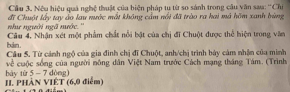 Nêu hiệu quả nghệ thuật của biện pháp tu từ so sánh trong câu văn sau: “Chị 
đĩ Chuột lấy tay áo lau nước mắt không cầm nổi đã trào ra hai má hõm xanh bủng 
như người ngã nước.'' 
Câu 4. Nhận xét một phẩm chất nổi bật của chị đĩ Chuột được thể hiện trong văn 
bản. 
Câu 5. Từ cảnh ngộ của gia đình chị đĩ Chuột, anh/chị trình bày cảm nhận của mình 
về cuộc sống của người nông dân Việt Nam trước Cách mạng tháng Tám. (Trình 
bày từ 5 - 7 dòng) 
II. PHÀN VIÉT (6,0 điểm)