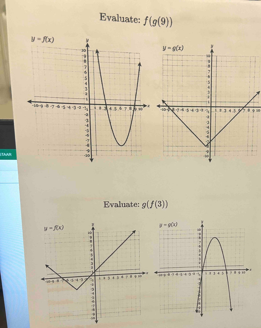 Evaluate: f(g(9))
9 10
STAAR
Evaluate: g(f(3))