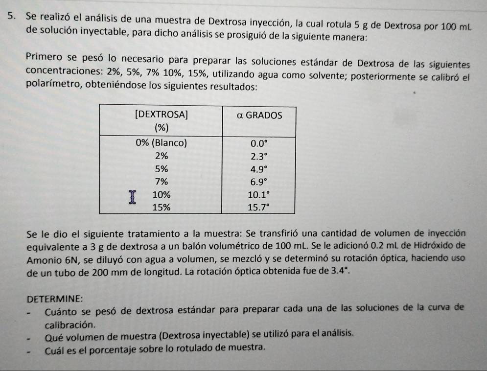 Se realizó el análisis de una muestra de Dextrosa inyección, la cual rotula 5 g de Dextrosa por 100 mL
de solución inyectable, para dicho análisis se prosiguió de la siguiente manera:
Primero se pesó lo necesario para preparar las soluciones estándar de Dextrosa de las siguientes
concentraciones: 2%, 5%, 7% 10%, 15%, utilizando agua como solvente; posteriormente se calibró el
polarímetro, obteniéndose los siguientes resultados:
Se le dio el siguiente tratamiento a la muestra: Se transfirió una cantidad de volumen de inyección
equivalente a 3 g de dextrosa a un balón volumétrico de 100 mL. Se le adicionó 0.2 mL de Hidróxido de
Amonio 6N, se diluyó con agua a volumen, se mezcló y se determinó su rotación óptica, haciendo uso
de un tubo de 200 mm de longitud. La rotación óptica obtenida fue de 3.4°.
DETERMINE:
- Cuánto se pesó de dextrosa estándar para preparar cada una de las soluciones de la curva de
calibración.
Qué volumen de muestra (Dextrosa inyectable) se utilizó para el análisis.
Cuál es el porcentaje sobre lo rotulado de muestra.