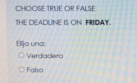 CHOOSE TRUE OR FALSE
THE DEADLINE IS ON FRIDAY.
Elija una;
Verdadero
Falso