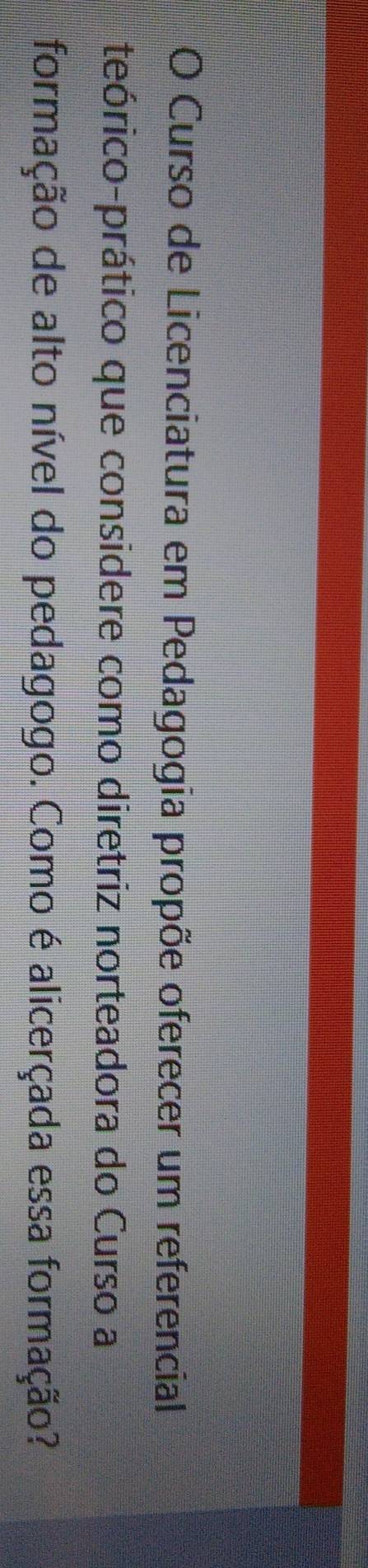 Curso de Licenciatura em Pedagogia propõe oferecer um referencial 
teórico-prático que considere como diretriz norteadora do Curso a 
formação de alto nível do pedagogo. Como é alicerçada essa formação?