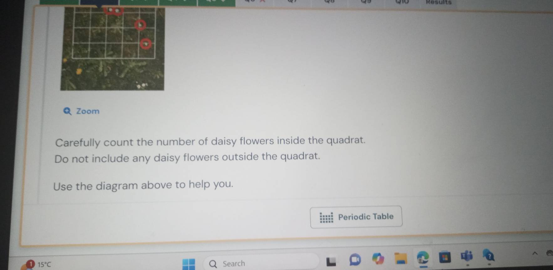 Results 
Zoom 
Carefully count the number of daisy flowers inside the quadrat. 
Do not include any daisy flowers outside the quadrat. 
Use the diagram above to help you. 
Periodic Table
15°C Search