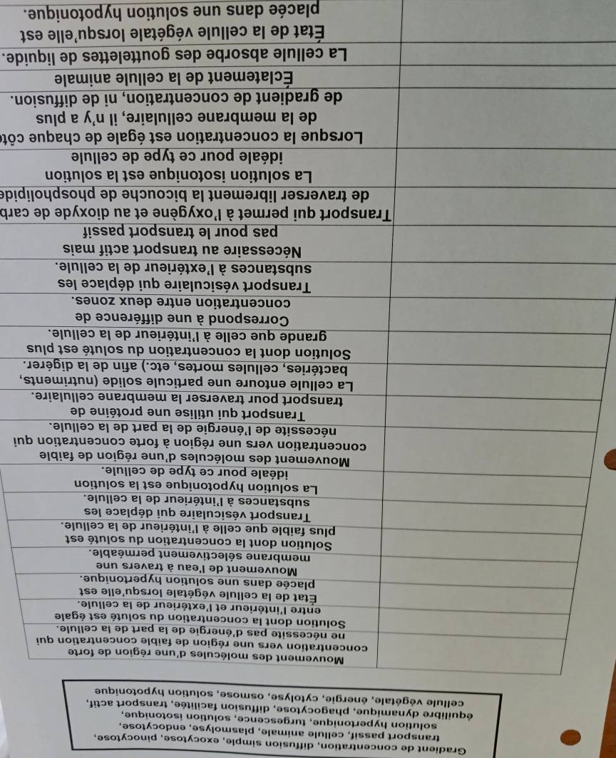 Gradient de concentration, diffusion simple, exocytose, pinocytose, 
transport passif, cellule animale, plasmolyse, endocytose, 
solution hypertonique, turgescence, solution isotonique, 
équilibre dynamique, phagocytose, diffusion facilitée, transport actif, 
cellule végétale, énergie, cytolyse, osmose, solu 
qui 
. 
ts, 
er. 
s 
carb 
lipide 
e côté 
ion. 
uide. 
État de la cellule végétale lorsqu'elle est 
placée dans une solution hypotonique.