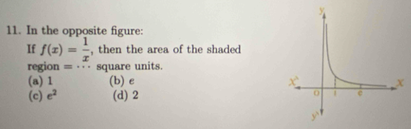 In the opposite figure:
If f(x)= 1/x  , then the area of the shaded
region = ·· square units.
(a) 1 (b) e
(c) e^2 (d) 2