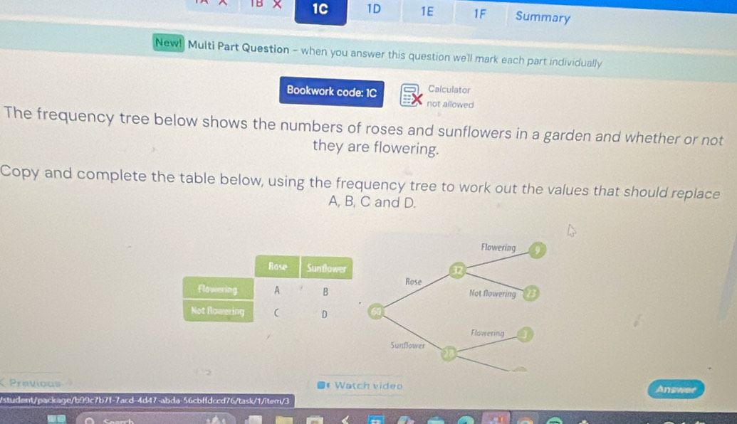 1C 1D 1E 1F Summary 
New! Multi Part Question - when you answer this question we'll mark each part individually 
Bookwork code: 1C Calculator 
not allowed 
The frequency tree below shows the numbers of roses and sunflowers in a garden and whether or not 
they are flowering. 
Copy and complete the table below, using the frequency tree to work out the values that should replace
A, B, C and D. 

Pravious Watch vídeo Answae 
/student/package/b99c7b7f-7acd-4d47-abda-56cbffdccd76/task/1/item/3