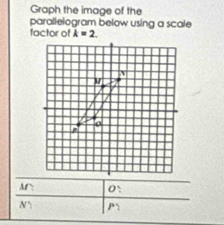 Graph the image of the 
parallelogram below using a scale 
factor of k=2.
N°
P