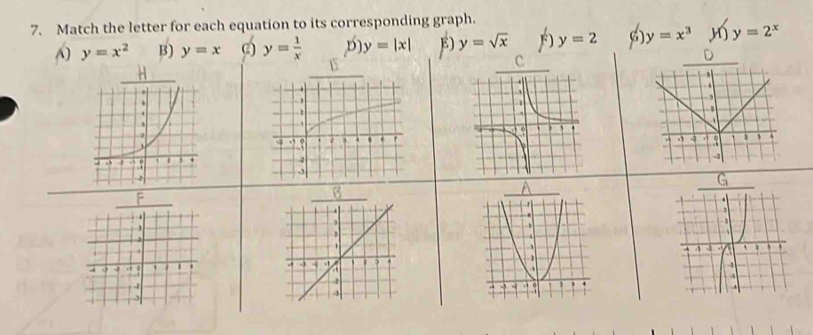 Match the letter for each equation to its corresponding graph.
A) y=x^2 B) y=x () y= 1/x  D) y=|x| E) y=sqrt(x) F y=2 6 y=x^3 M y=2^x
c
D
H
、 . A

. -2 n ' a A
G_1
F
B