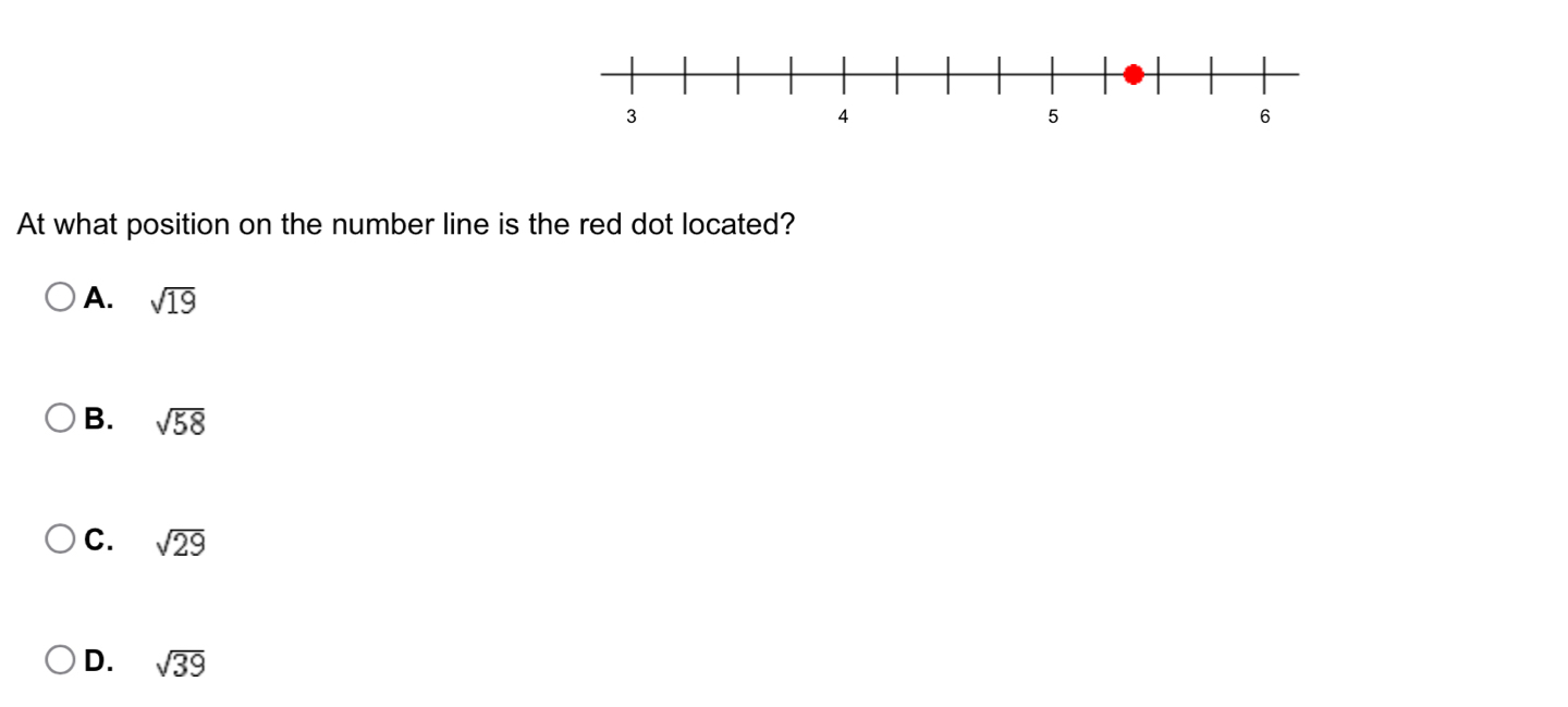 At what position on the number line is the red dot located?
A. sqrt(19)
B. sqrt(58)
C. sqrt(29)
D. sqrt(39)