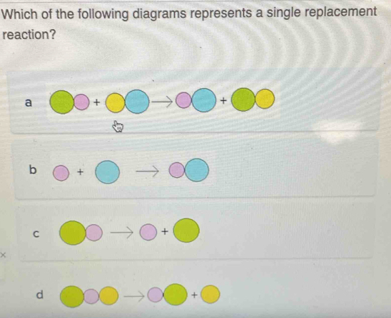 Which of the following diagrams represents a single replacement
reaction?
b
C
d