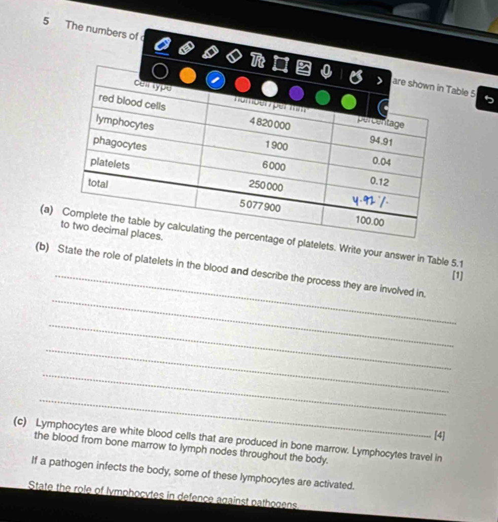 The numbers of 
able 5 
(a)f platelets. Write your answer in Table 5.1
_ 
(b) State the role of platelets in the blood and describe the process they are involved in. 
_[1] 
_ 
_ 
_ 
_ 
[4] 
(c) Lymphocytes are white blood cells that are produced in bone marrow. Lymphocytes travel in 
the blood from bone marrow to lymph nodes throughout the body. 
If a pathogen infects the body, some of these lymphocytes are activated. 
State the role of lymphocytes in defence against pathogens