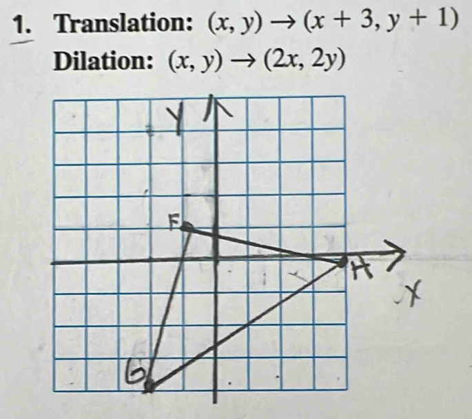 Translation: (x,y)to (x+3,y+1)
Dilation: (x,y)to (2x,2y)