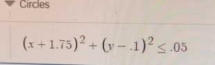 Circles
(x+1.75)^2+(y-.1)^2≤ .05