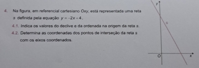 Na figura, em referencial cartesiano Oxy, está representada uma reta 
s definida pela equação y=-2x+4. 
4.1. Indica os valores do declive e da ordenada na origer da reta s. 
4.2. Determina as coordenadas dos pontos de interseção da reta s 
com os eixos coordenados