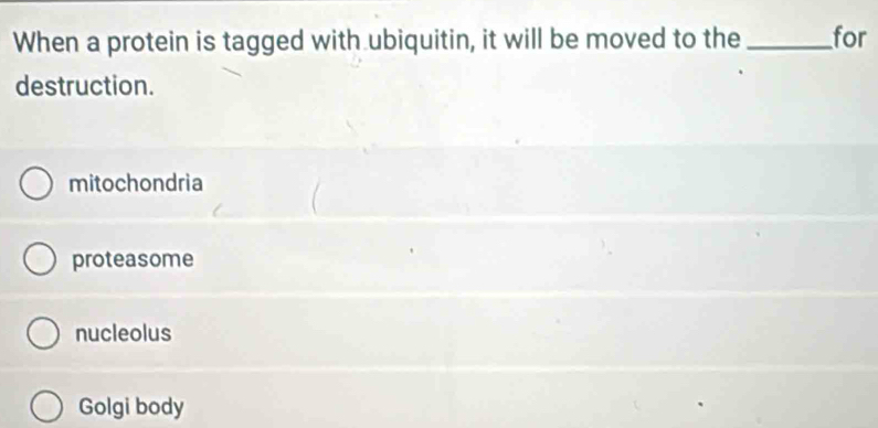 When a protein is tagged with ubiquitin, it will be moved to the _for
destruction.
mitochondria
proteasome
nucleolus
Golgi body