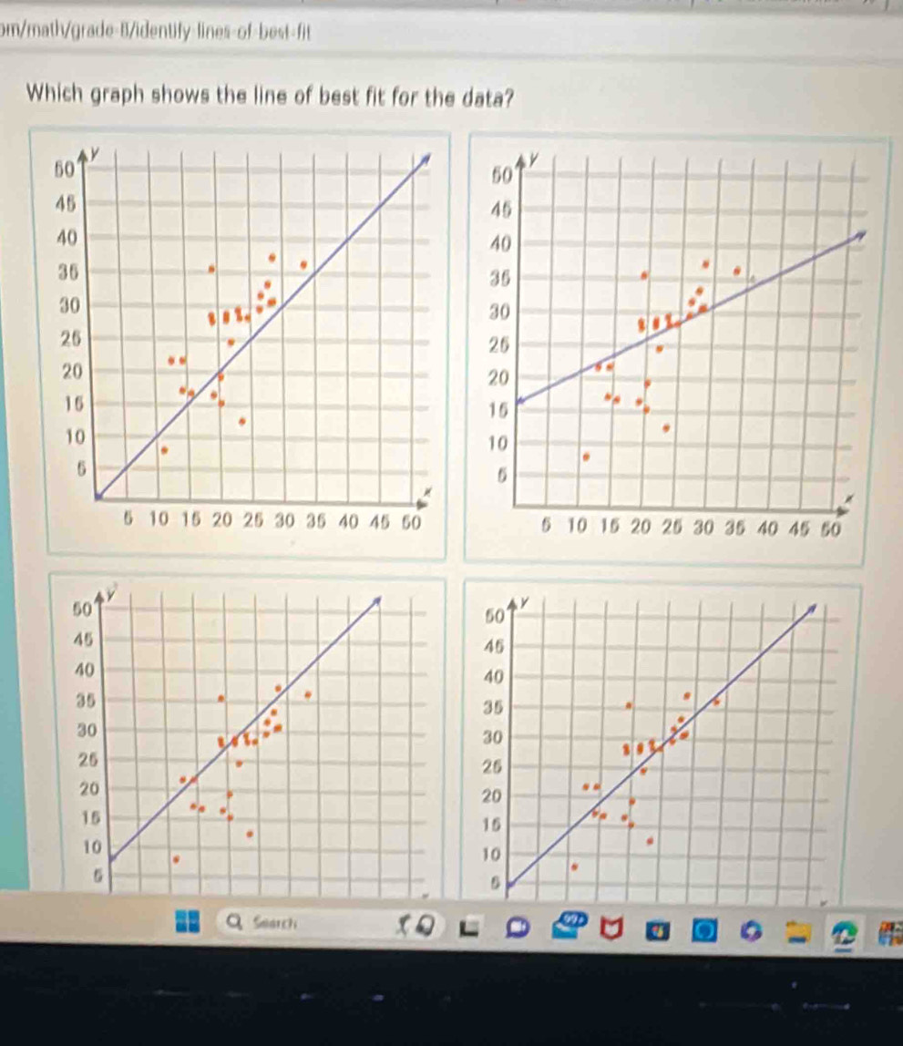 om/math/grade-B/identify-lines-of-best-fit 
Which graph shows the line of best fit for the data?

50
50
45
45
40
40
35
35
30
30
25
25
20
20
15
15 ba
10
10
5
5
Search