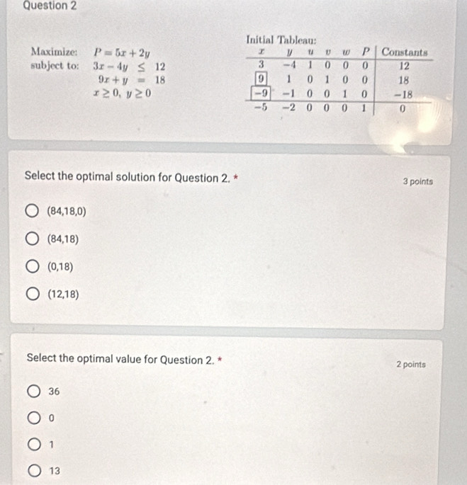 Maximize: P=5x+2y
subject to: 3x-4y≤ 12
9x+y=18
x≥ 0,y≥ 0
Select the optimal solution for Question 2. * 3 points
(84,18,0)
(84,18)
(0,18)
(12,18)
Select the optimal value for Question 2. * 2 points
36
0
1
13