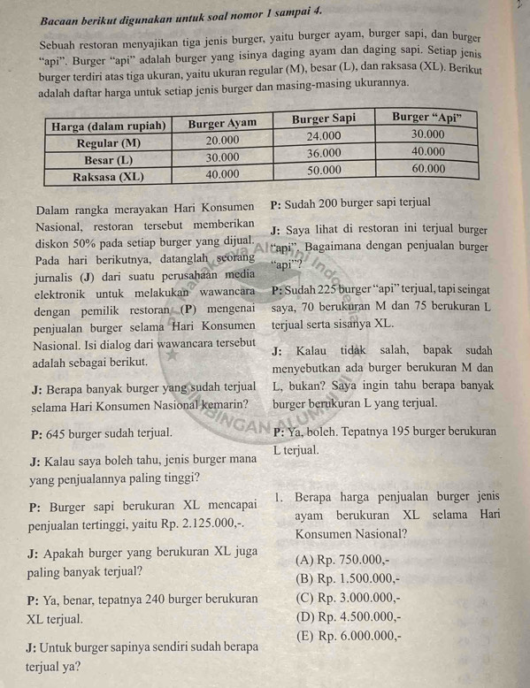 Bacaan berikut digunakan untuk soal nomor 1 sampai 4.
Sebuah restoran menyajikan tiga jenis burger, yaitu burger ayam, burger sapi, dan burger
“api”. Burger “api” adalah burger yang isinya daging ayam dan daging sapi. Setiap jenis
burger terdiri atas tiga ukuran, yaitu ukuran regular (M), besar (L), dan raksasa (XL). Berikut
adalah daftar harga untuk setiap jenis burger dan masing-masing ukurannya.
Dalam rangka merayakan Hari Konsumen P: Sudah 200 burger sapi terjual
Nasional, restoran tersebut memberikan J: Saya lihat di restoran ini terjual burger
diskon 50% pada setiap burger yang dijual. “api”. Bagaimana dengan penjualan burger
Pada hari berikutnya, datanglah seorang
jurnalis (J) dari suatu perusahaan media api”?
elektronik untuk melakukan wawancara P: Sudah 225 burger “api” terjual, tapi seingat
dengan pemilik restoran (P) mengenai saya, 70 berukuran M dan 75 berukuran L
penjualan burger selama Hari Konsumen terjual serta sisanya XL.
Nasional. Isi dialog dari wawancara tersebut J: Kalau tidak salah, bapak sudah
adalah sebagai berikut. menyebutkan ada burger berukuran M dan
J: Berapa banyak burger yang sudah terjual L, bukan? Saya ingin tahu berapa banyak
selama Hari Konsumen Nasional kemarin? burger berukuran L yang terjual.
P: 645 burger sudah terjual. P: Ya, boleh. Tepatnya 195 burger berukuran
L terjual.
J: Kalau saya boleh tahu, jenis burger mana
yang penjualannya paling tinggi?
P: Burger sapi berukuran XL mencapai 1. Berapa harga penjualan burger jenis
penjualan tertinggi, yaitu Rp. 2.125.000,-. ayam berukuran XL selama Hari
Konsumen Nasional?
J: Apakah burger yang berukuran XL juga (A) Rp. 750.000,-
paling banyak terjual? (B) Rp. 1.500.000,-
P: Ya, benar, tepatnya 240 burger berukuran (C) Rp. 3.000.000,-
XL terjual. (D) Rp. 4.500.000,-
(E) Rp. 6.000.000,-
J: Untuk burger sapinya sendiri sudah berapa
terjual ya?