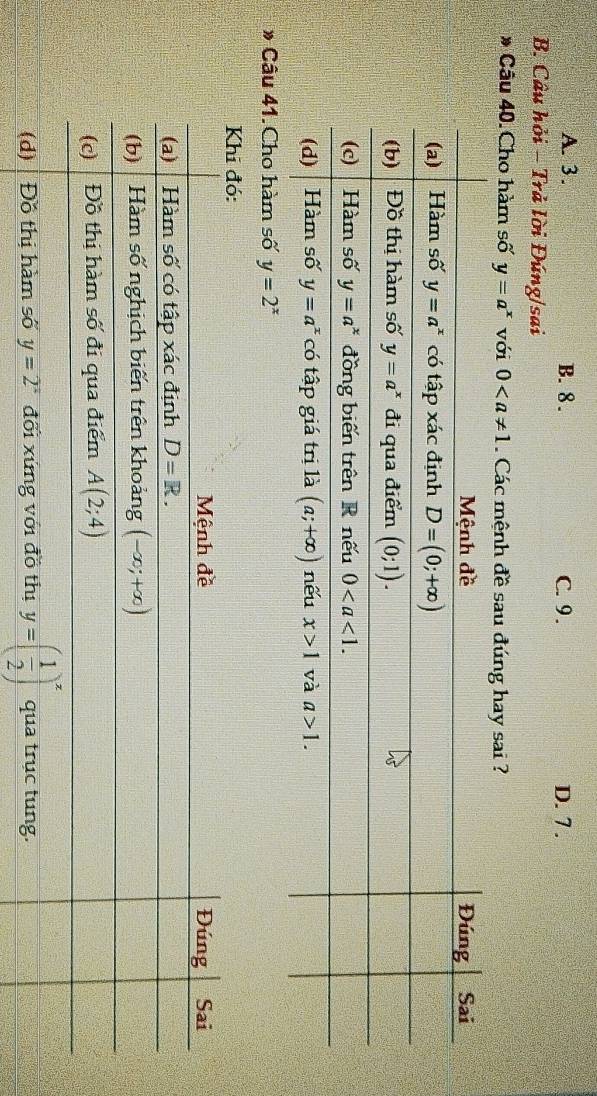 A. 3 . B. 8 . C. 9. D. 7 .
B. Câu hỏi - Trả lời Đúng/sai
* Câu 40. Cho hàm số y=a^x với 0 Các mệnh đề sau đúng hay sai ?
* Câu 41.Cho hàm số y=2^x