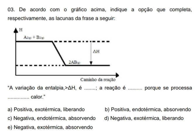 De acordo com o gráfico acima, indique a opção que completa,
respectivamente, as lacunas da frase a seguir:
H
A_2(g)+B_2(g)
△ H
2AB_(x)
Caminho da reação
"A variação da entalpia,> △ H H, é _; a reação é _ porque se processa
_calor.”
a) Positiva, exotérmica, liberando b) Positiva, endotérmica, absorvendo
c) Negativa, endotérmica, absorvendo d) Negativa, exotérmica, liberando
e) Negativa, exotérmica, absorvendo