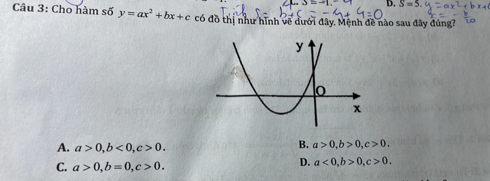 D. S=5. 
Câu 3: Cho hàm số y=ax^2+bx+c có đồ thị như hình về dưới đây. Mệnh đề nào sau đây đúng?
A. a>0, b<0</tex>, c>0.
B. a>0, b>0, c>0.
C. a>0, b=0, c>0.
D. a<0</tex>, b>0, c>0.