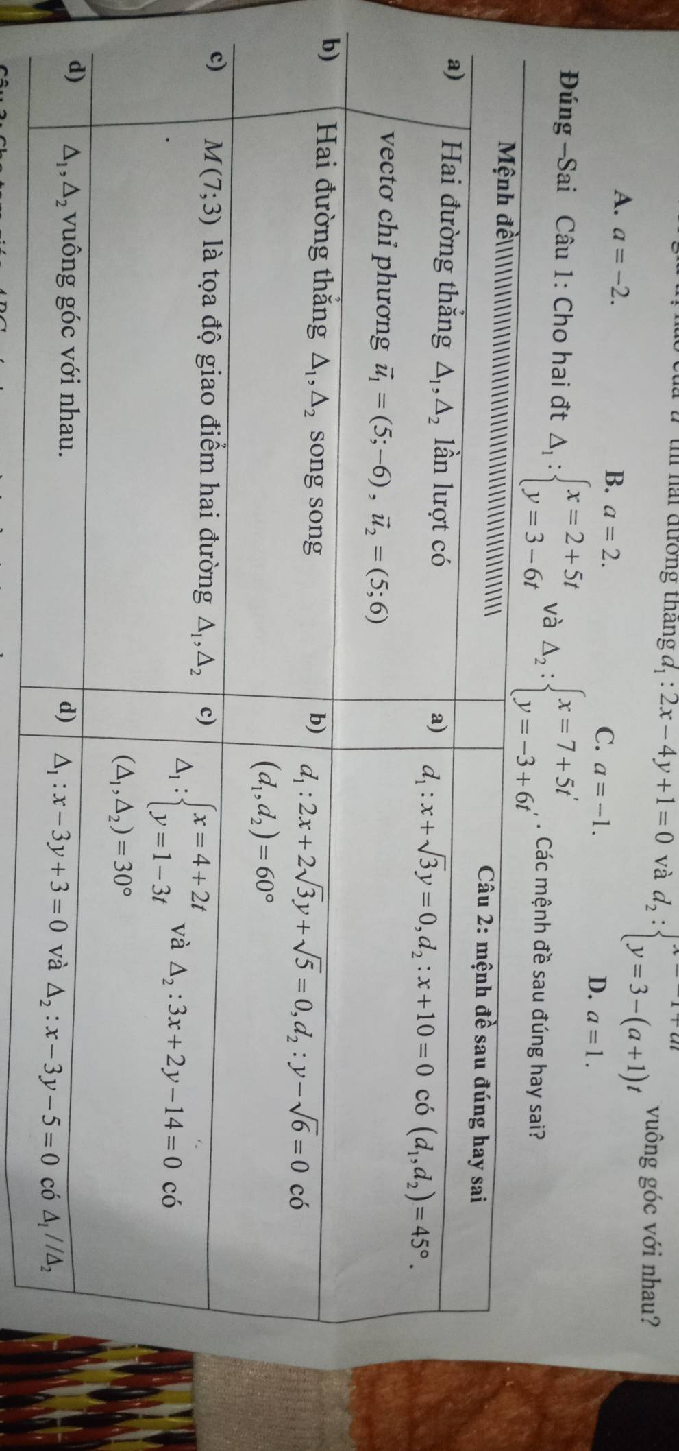 th nai đưởng tháng d_1:2x-4y+1=0 và d_2:beginarrayl x=-1+at y=3-(a+1)tendarray. vuông góc với nhau?
A. a=-2. B. a=2.
C. a=-1.
D. a=1.
Đúng -Sai Câu 1: Cho hai đt Delta _1:beginarrayl x=2+5t y=3-6tendarray. và Delta _2:beginarrayl x=7+5t' y=-3+6t'endarray.. Các mệnh đề sau đúng