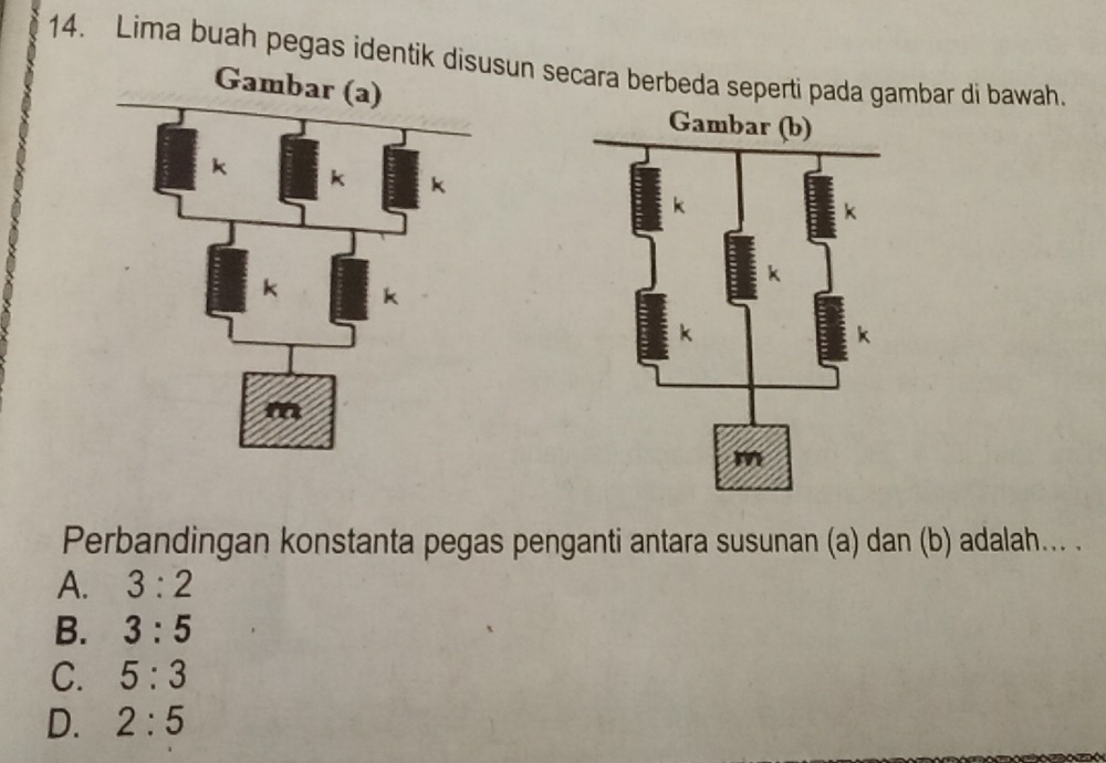 Lima buah pegas identik sun secara berbeda seperti pada gambar di bawah.
Perbandingan konstanta pegas penganti antara susunan (a) dan (b) adalah... .
A. 3:2
B. 3:5
C. 5:3
D. 2:5