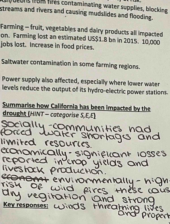 un deors from fires contaminating water supplies, blocking 
streams and rivers and causing mudslides and flooding. 
Farming - fruit, vegetables and dairy products all impacted 
on. Farming lost an estimated US $1.8 bn in 2015. 10,000
jobs lost. Increase in food prices. 
Saltwater contamination in some farming regions. 
Power supply also affected, especially where lower water 
levels reduce the output of its hydro-electric power stations. 
Summarise how California has been impacted by the 
drought (HINT - categorise S,E,E) 
Key responses: