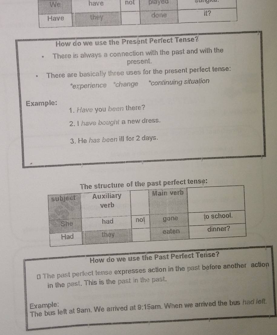 How do we use the Present Perfect Tense? 
There is always a connection with the past and with the 
present. 
There are basically three uses for the present perfect tense: 
*experience *change *continuing situation 
Example: 
1. Have you been there? 
2. I have bought a new dress. 
3. He has been ill for 2 days. 
rfect tense: 
How do we use the Past Perfect Tense? 
* The past perfect tense expresses action in the past before another action 
in the past. This is the past in the past. 
Example: 
The bus left at 9am. We arrived at 9:15am . When we arrived the bus had left.