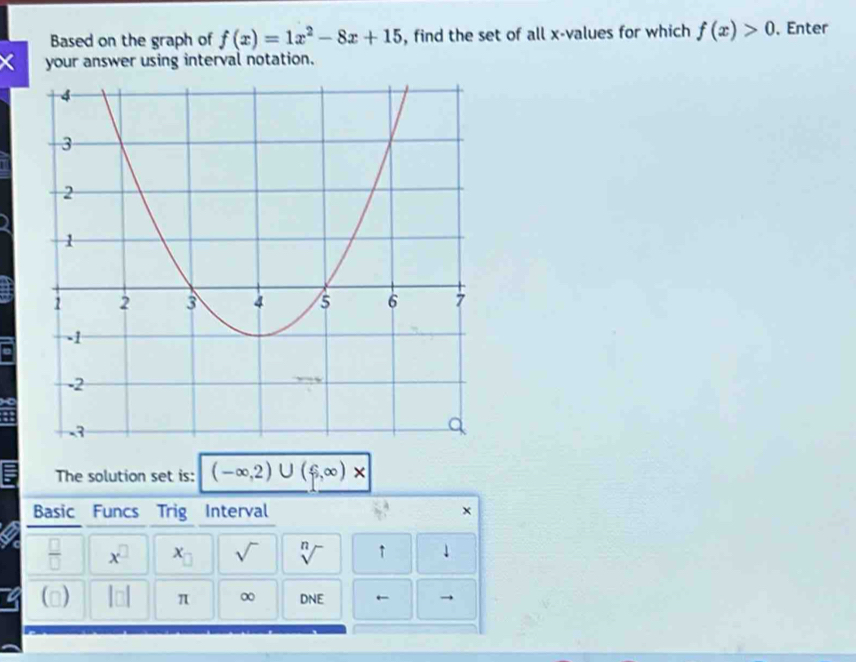 Based on the graph of f(x)=1x^2-8x+15 , find the set of all x -values for which f(x)>0. Enter 
your answer using interval notation. 
The solution set is: (-∈fty ,2)∪ (6,∈fty )*
Basic Funcs Trig Interval x
 □ /□   x^(□) x_□  sqrt() sqrt[n]() ↑ downarrow 
(□ ) |□ | π ∞ DNE ←