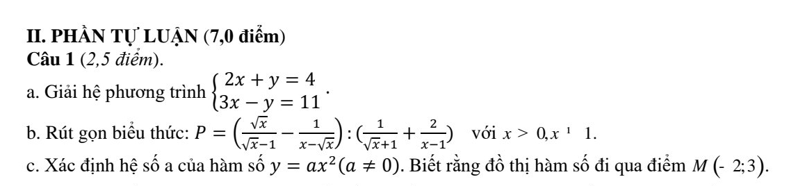 PHÀN Tự LUẠN (7,0 điểm) 
Câu 1 (2,5 điểm). 
a. Giải hệ phương trình beginarrayl 2x+y=4 3x-y=11endarray.. 
b. Rút gọn biểu thức: P=( sqrt(x)/sqrt(x)-1 - 1/x-sqrt(x) ):( 1/sqrt(x)+1 + 2/x-1 ) với x>0, x^11. 
c. Xác định hệ số a của hàm số y=ax^2(a!= 0). Biết rằng đồ thị hàm số đi qua điểm M(-2;3).