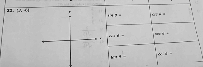 (3,-6)
sin θ = csc θ =
cos θ =
sec θ =
cot θ =
tan θ =