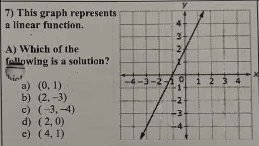 y
7) This graph represent
a linear function.
A) Which of the
fellowing is a solution?
hiel
x
a) (0,1)
b) (2,-3)
c) (-3,-4)
d) (2,0)
e) (4,1)