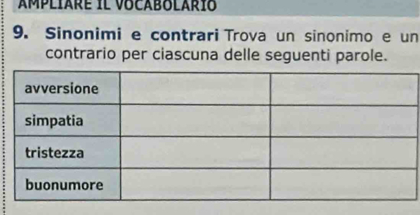 Sinonimi e contrari Trova un sinonimo e un 
contrario per ciascuna delle seguenti parole.