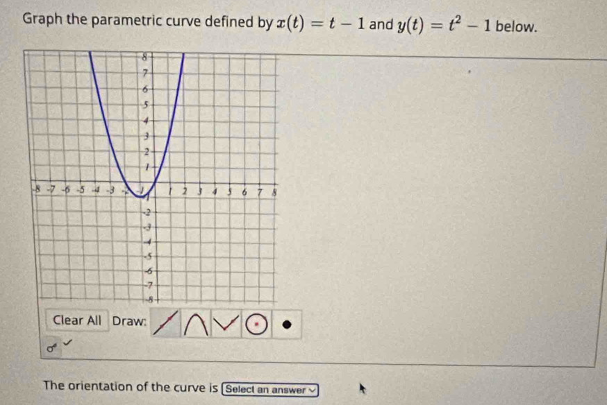 Graph the parametric curve defined by x(t)=t-1 and y(t)=t^2-1 below. 
Clear All Draw: 
The orientation of the curve is (Select an answer `