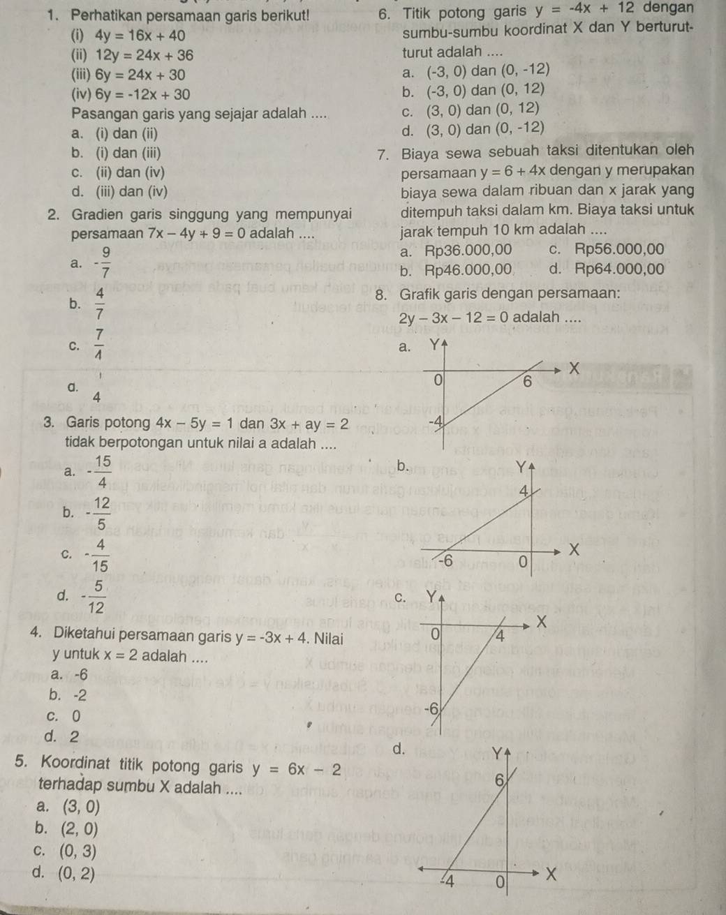 Perhatikan persamaan garis berikut! 6. Titik potong garis y=-4x+12 dengan
(i) 4y=16x+40 sumbu-sumbu koordinat X dan Y berturut-
(ii) 12y=24x+36 turut adalah ....
(iii) 6y=24x+30 a. (-3,0) dan (0,-12)
(iv) 6y=-12x+30 b. (-3,0) dan (0,12)
Pasangan garis yang sejajar adalah .... C. (3,0) dan (0,12)
a. (i) dan (ii) d. (3,0) dan (0,-12)
b. (i) dan (iii) 7. Biaya sewa sebuah taksi ditentukan oleh
c. (ii) dan (iv) persamaan y=6+4x dengan y merupakan
d. (iii) dan (iv) biaya sewa dalam ribuan dan x jarak yang
2. Gradien garis singgung yang mempunyai ditempuh taksi dalam km. Biaya taksi untuk
persamaan 7x-4y+9=0 adalah .... jarak tempuh 10 km adalah ....
a. - 9/7  a. Rp36.000,00 c. Rp56.000,00
b. Rp46.000,00 d. Rp64.000,00
b.  4/7  8. Grafik garis dengan persamaan:
2y-3x-12=0 adalah ....
C.  7/4 
a.
X
a.
4
3. Garis potong 4x-5y=1 dan 3x+ay=2
tidak berpotongan untuk nilai a adalah ....
a. - 15/4 
b.
b. - 12/5 
C. - 4/15 
X
d. - 5/12 
C.
4. Diketahui persamaan garis y=-3x+4. Nilai
y untuk x=2 adalah ....
a. -6
b. -2
c. 0
d. 2
d
5. Koordinat titik potong garis y=6x-2
terhadap sumbu X adalah ....
a. (3,0)
b. (2,0)
C. (0,3)
d. (0,2)