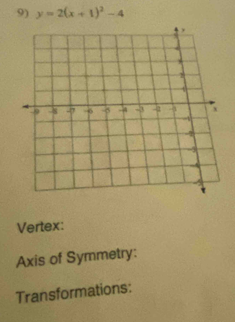 y=2(x+1)^2-4
Vertex: 
Axis of Symmetry: 
Transformations: