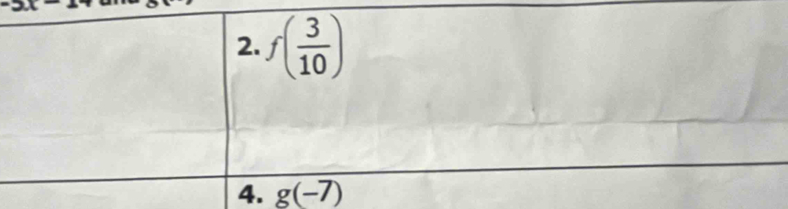 -2x
2. f( 3/10 )
4. g(-7)