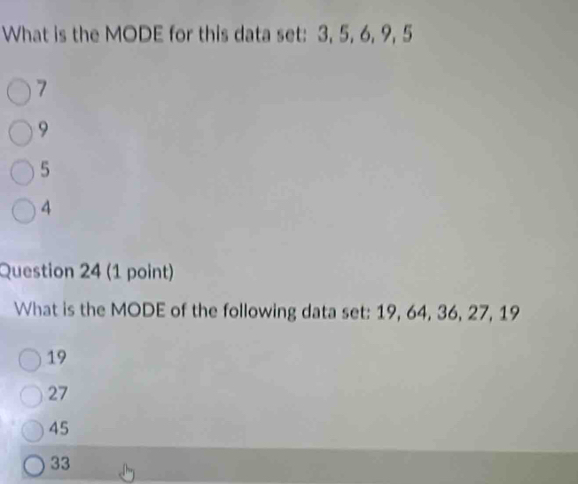 What is the MODE for this data set: 3, 5, 6, 9, 5
7
9
5
4
Question 24 (1 point)
What is the MODE of the following data set: 19, 64, 36, 27, 19
19
27
45
33