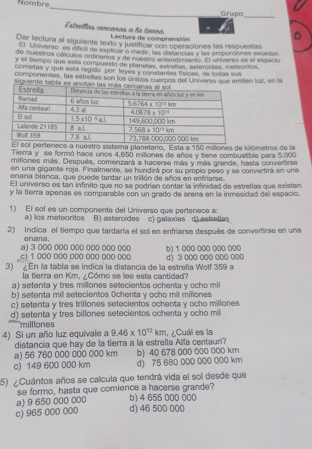 Nombre
_
Grupo_
Estrellas cercanas a la tierra.
Lectura de comprensión
Dar lectura al siguiente texto y justificar con operaciones las respuestas
El Universo es dificil de explicar o medir, las distancias y las proporciones exceden
de nuestros cálculos ordinarios y de nuestro entendimiento. El universo es el espacio
y el tiempo que esta compuesto de planetas, estrellas, asteroides, meteoritos,
cometas y que esta regido por leyes y constantes físicas, de todas sus
componentes, las estrellas son los únicos cuerpos del Universo que emiten luz, en la
siguente tab
sistema planetario, Esta a 150 millones de kilómetros de la
Tierra y se formó hace unos 4,650 millones de años y tiene combustible para 5,000
millones más. Después, comenzará a hacerse más y más grande, hasta convertirse
en una gigante roja. Finalmente, se hundirá por su propio peso y se convertirá en una
enana blanca, que puede tardar un trillón de años en enfriarse.
El universo es tan infinito que no se podrian contar la infinidad de estrellas que existen
y la tierra apenas es comparable con un grado de arena en la inmesidad del espacio.
1) El sol es un componente del Universo que pertenece a:
a) los meteoritos B) asteroides c) galaxias d) estrellas
2) Indica el tiempo que tardaría el sol en enfriarse después de convertirse en una
enana.
a) 3 000 000 000 000 000 000 b) 1 000 000 000 000
c)1 000 000 000 000 000 000 d) 3 000 000 000 000
3) En la tabla se indica la distancia de la estrella Wolf 359 a
la tierra en Km, ¿Cómo se lee esta cantidad?
a) setenta y tres millones setecientos ochenta y ocho mil
b) setenta mil setecientos Ochenta y ocho mil millones
c) setenta y tres trillones setecientos ochenta y ocho millones
d) setenta y tres billones setecientos ochenta y ocho mil
milllones
4) Si un año luz equivale a 9.46* 10^(12)km P¿Cuál es la
distancia que hay de la tierra a la estrella Alfa centauri?
a) 56 760 000 000 000 km b) 40 678 000 000 000 km
c) 149 600 000 km d) 75 680 000 000 000 km
5) ¿Cuántos años se calcula que tendrá vida el sol desde que
se formo, hasta que comience a hacerse grande?
a) 9 650 000 000
b) 4 655 000 000
c) 965 000 000
d) 46 500 000