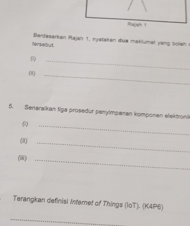 Rajah 1 
Berdasarkan Rajah 1, nyatakan dua maklumat yang boleh 
tersebut. 
(i) 
_ 
(ii)_ 
5. Senaraikan tiga prosedur penyimpanan komponen elektronik 
(i) 
_ 
(ii) 
_ 
(iii)_ 
Terangkan definisi Internet of Things (loT). (K4P6) 
_