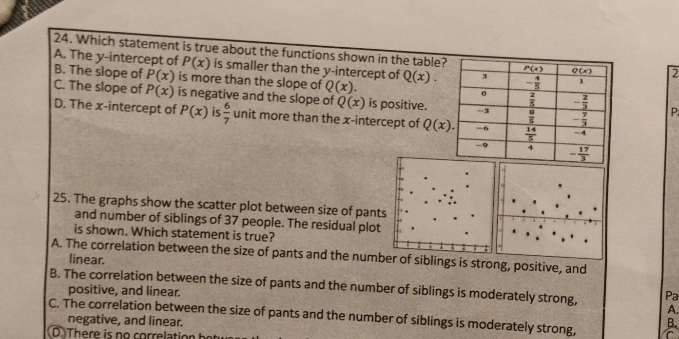 Which statement is true about the functions shown in the table?
A. The y-intercept of P(x) is smaller than the y-intercept of Q(x).
2
B. The slope of P(x) is more than the slope of Q(x).
C. The slope of P(x) is negative and the slope of Q(x) is positive.
P
D. The x-intercept of P(x) is  6/7  unit more than the x-intercept of Q(x).
25. The graphs show the scatter plot between size of pants
and number of siblings of 37 people. The residual plot
is shown. Which statement is true?
A. The correlation between the size of pants and the number of siblings is strong, positive, and
linear.
B. The correlation between the size of pants and the number of siblings is moderately strong,
positive, and linear.
Pa
A.
C. The correlation between the size of pants and the number of siblings is moderately strong, C
negative, and linear.
B.
D. There is no correlatio