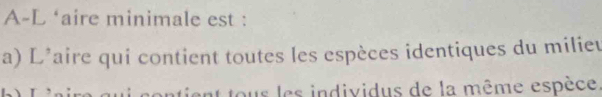 A-L ‘aire minimale est :
a) L'aire qui contient toutes les espèces identiques du milieu
ous les individus de la même espèce.