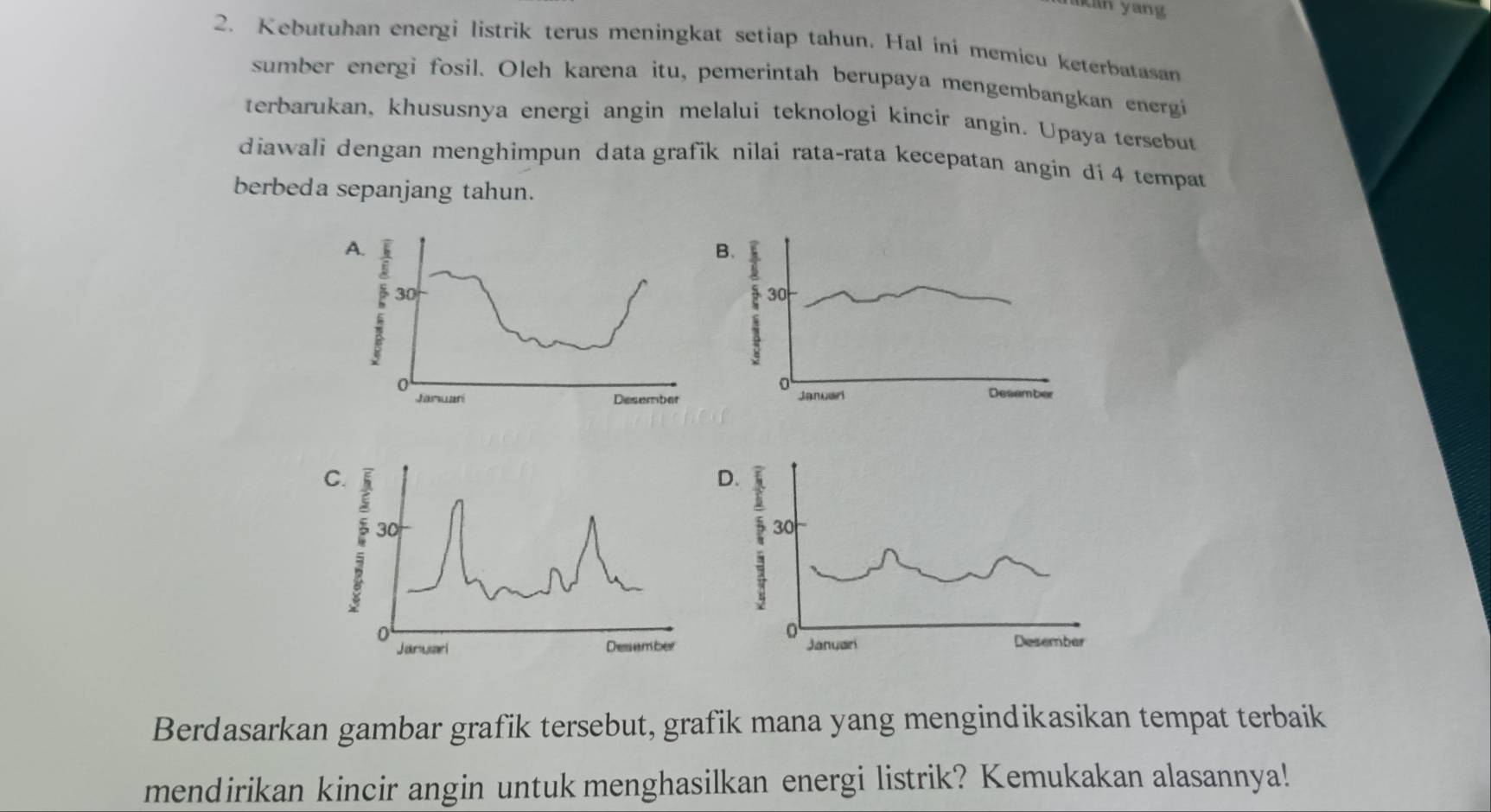 kan yang
2. Kebutuhan energi listrik terus meningkat setiap tahun. Hal ini memicu keterbatasan
sumber energi fosil. Oleh karena itu, pemerintah berupaya mengembangkan energi
terbarukan, khususnya energi angin melalui teknologi kincir angin. Upaya tersebut
diawali dengan menghimpun data grafik nilai rata-rata kecepatan angin di 4 tempat
berbeda sepanjang tahun.
A.
B.
P 30 ? 30
0
0
Januarí Desember Janueri Desember
C.
D.
30
30
Januari Desamber Januari Desember
Berdasarkan gambar grafik tersebut, grafik mana yang mengindikasikan tempat terbaik
mendirikan kincir angin untuk menghasilkan energi listrik? Kemukakan alasannya!