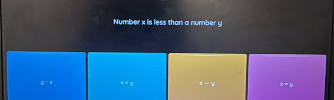 Number x is less than a number y
y-x
x
x-y
x=y