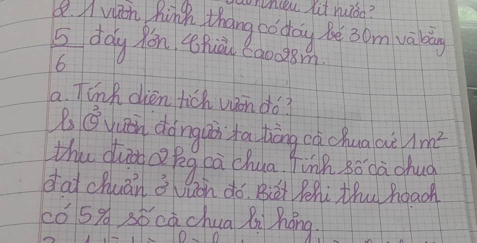 onvncou Yit huad? 
A vien hinsh thang coday bé 30m vàag
 5/6  day yón Qhuāu 80008m
a. Tinh dien tich won dó? 
B Quuān dànguà ya thōng egchua a 1m^2
thu qund? pg ca chua Fùnh só dà chua 
dat chuān Q Nuon ¢ó. Biōt Phi thu hoaoh 
có 59 sócā chua Ri hóng.