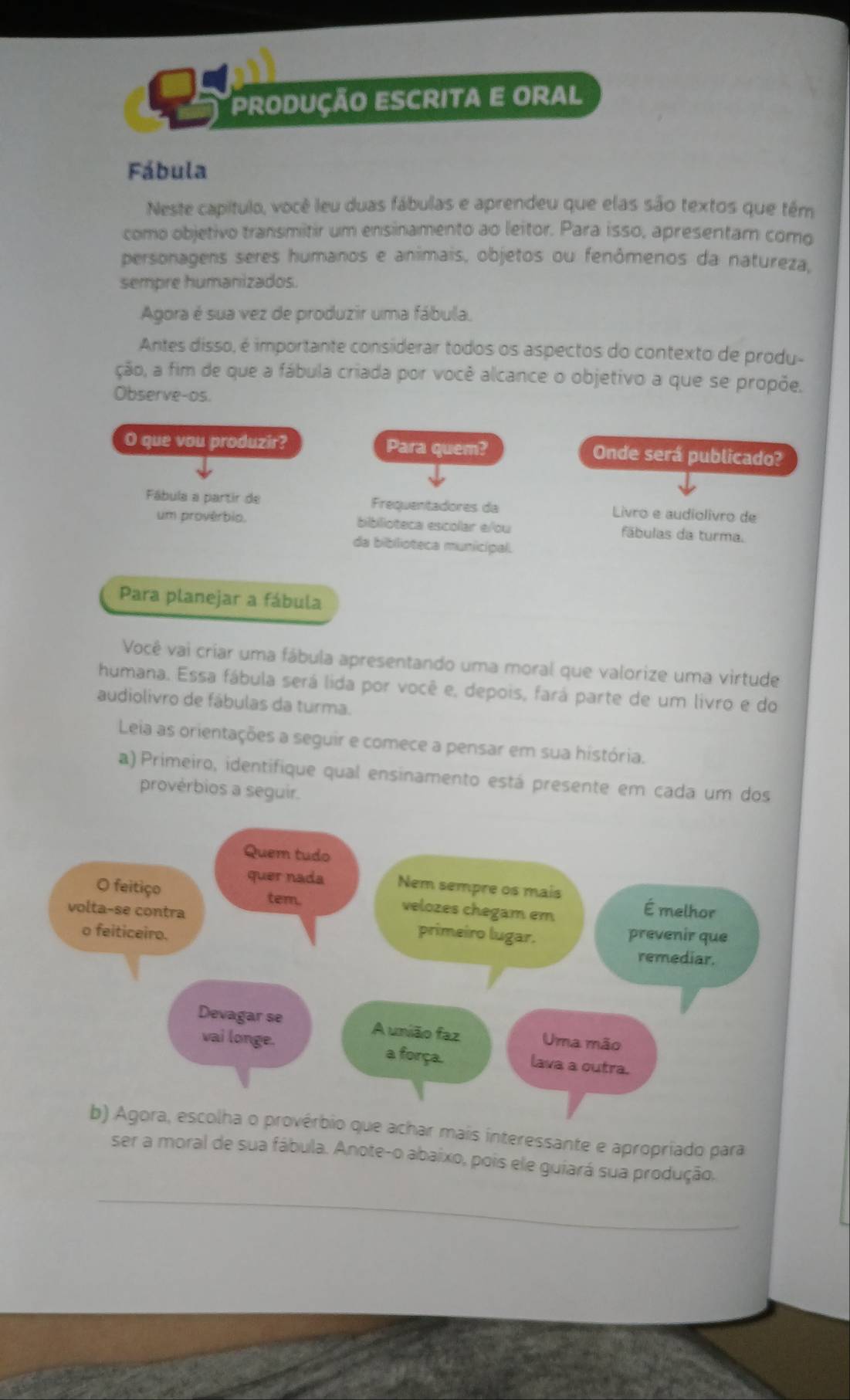 produção escrita e oral 
Fábula 
Neste capítulo, você leu duas fábulas e aprendeu que elas são textos que têm 
como objetivo transmitir um ensinamento ao leitor. Para isso, apresentam como 
personagens seres humanos e animais, objetos ou fenômenos da natureza, 
sempre humanizados. 
Agora é sua vez de produzir uma fábula. 
Antes disso, é importante considerar todos os aspectos do contexto de produ- 
ção, a fim de que a fábula criada por você alcance o objetivo a que se propõe. 
Observe-os. 
O que vou produzir? Para quem? Onde será publicado? 
Fábula a partir de Frequentadores da Livro e audiolivro de 
um provérbio. bibilioteca escollar e/ou fábulas da turma. 
da bibilioteca municipal. 
Para planejar a fábula 
Você vai críar uma fábula apresentando uma moral que valorize uma virtude 
humana. Essa fábula será lida por você e, depois, fará parte de um livro e do 
audiolivro de fábulas da turma. 
Leia as orientações a seguir e comece a pensar em sua história. 
a) Primeiro, identifique qual ensinamento está presente em cada um dos 
provérbios a seguir. 
achar mais interessante e apropriado para 
ser a moral de sua fábula. Anote-o abaixo, pois ele guiará sua produção. 
_