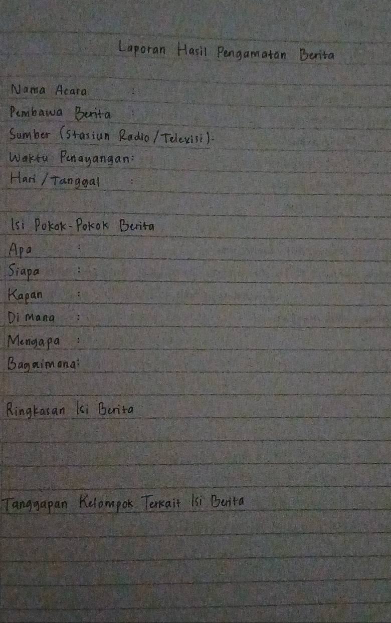 Laporan Hasil Pengamatan Benita 
Nama Acara 
Pembawa Buita 
Sumber (stasiun Radio / Telexisi). 
Wakfu Penayangan; 
Hari /Tanggal 
lsi Polok-Polok Beita 
Apa 
Siapa 
Kapan 
Di mana 
Mengapa: 
Bagaimana 
Ringkasan Ksi Burita 
Tanggapan Kelompok Terkait Isi Benita